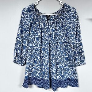 Chaps Blue  Floral Blue & White Peasant Bohemian Hippie Light & Airy Blouse L